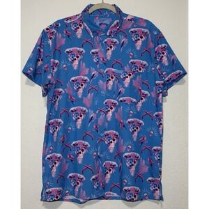 Retro Rifle Shirt Blackbeard Pirate Skull Floral Shirt Button Down Men's L Blue